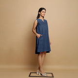 Navy Blue Cotton Linen Embroidered Knee-Length Godet Dress