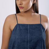 Navy Blue Cotton Linen Flared Camisole Top