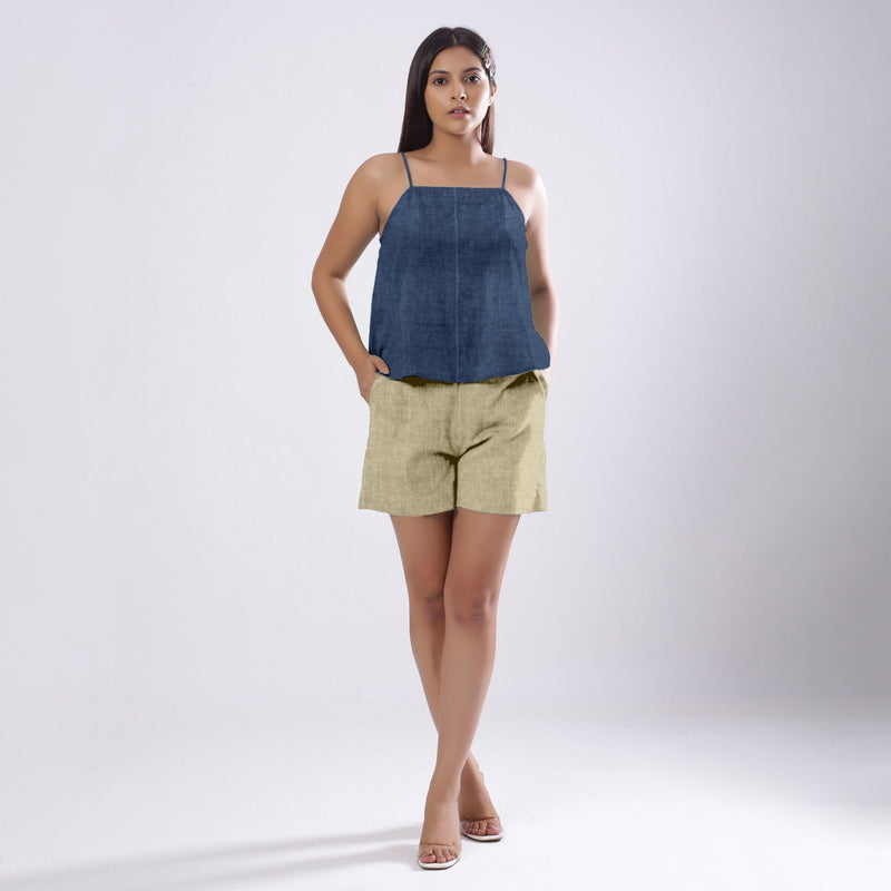 Navy Blue Cotton Linen Flared Camisole Top