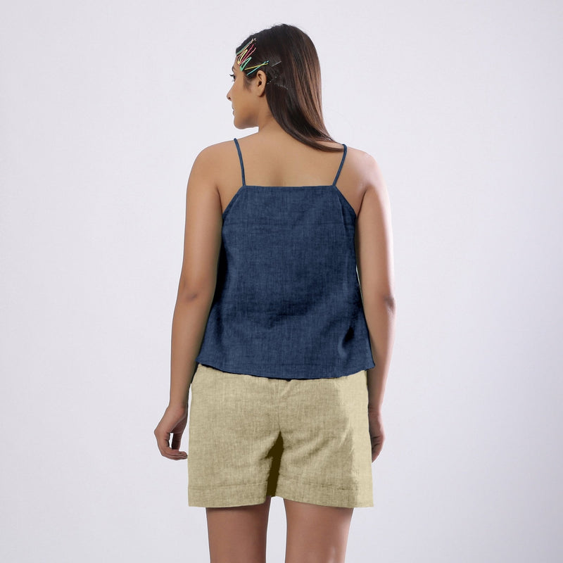 Navy Blue Cotton Linen Flared Camisole Top