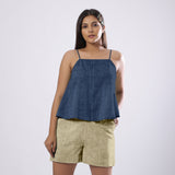 Navy Blue Cotton Linen Flared Camisole Top