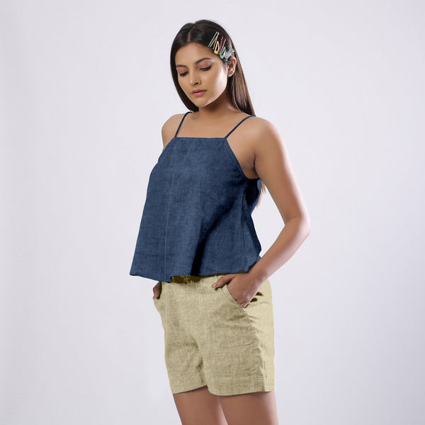 Navy Blue Cotton Linen Flared Camisole Top