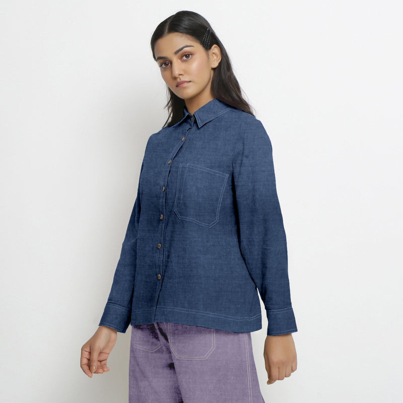 Navy Blue Cotton Linen Full Sleeve Button-Down Shirt