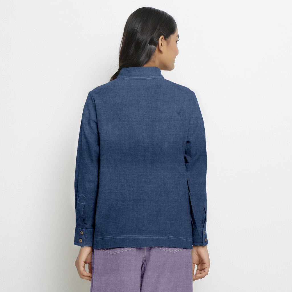 Navy Blue Cotton Linen Full Sleeve Button-Down Shirt