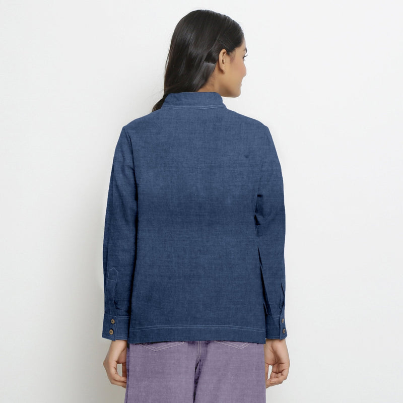 Navy Blue Cotton Linen Full Sleeve Button-Down Shirt