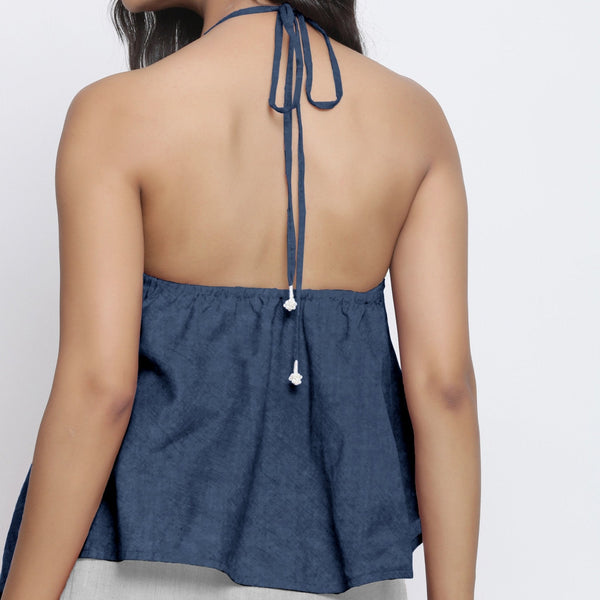 Navy Blue Cotton Linen Halter Neck Handkerchief Top