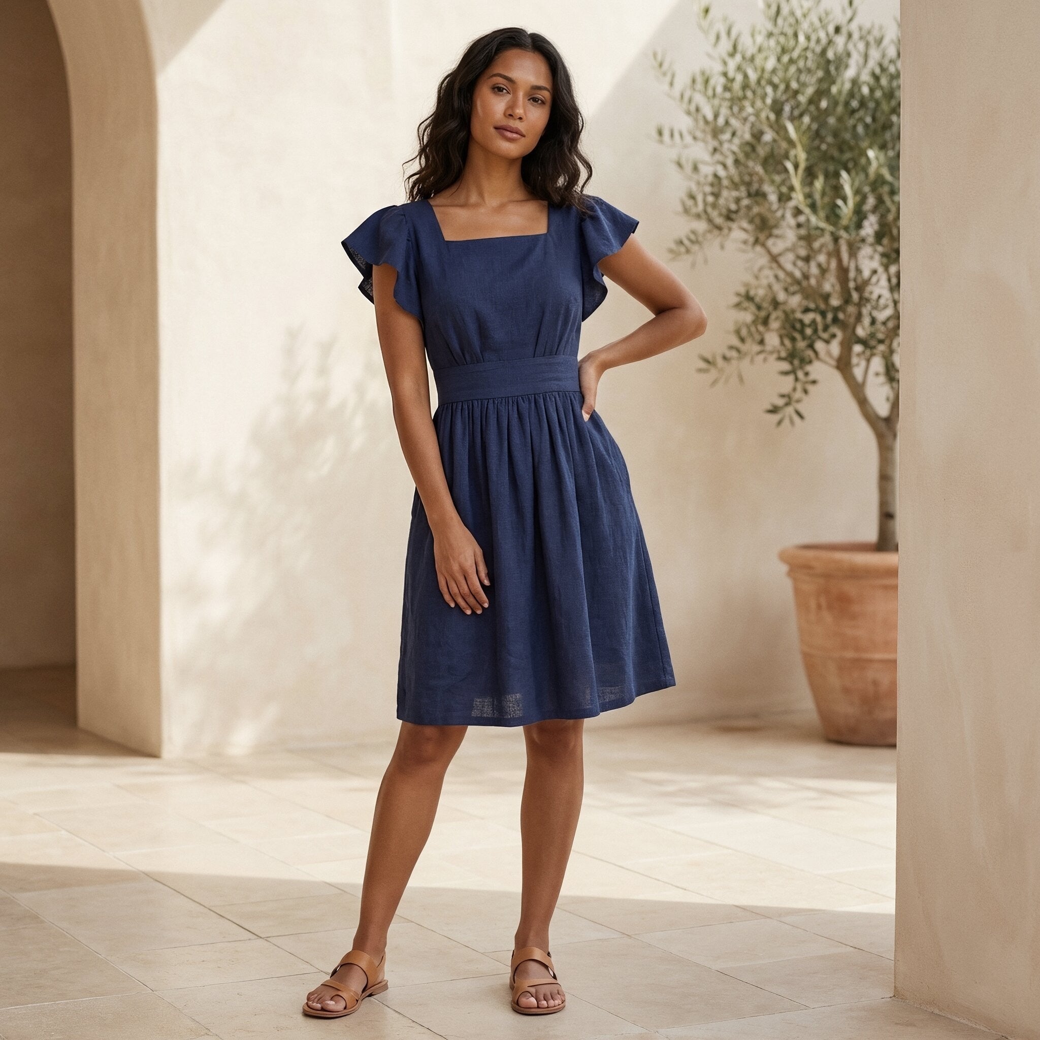 Navy Blue Cotton Linen Open-Back Fit and Flare Knee Length Dress