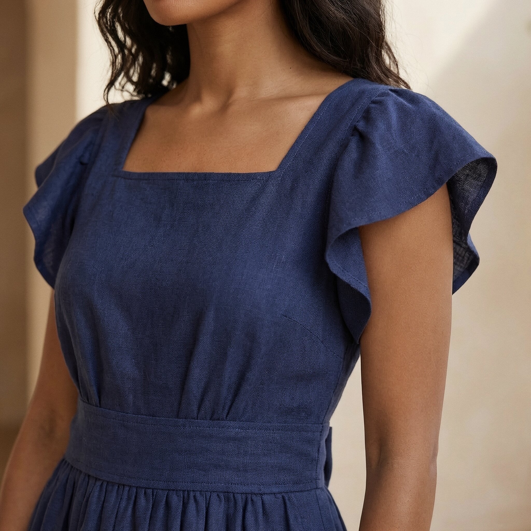 Navy Blue Cotton Linen Open-Back Fit and Flare Knee Length Dress