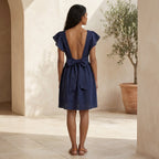 Navy Blue Cotton Linen Open-Back Fit and Flare Knee Length Dress