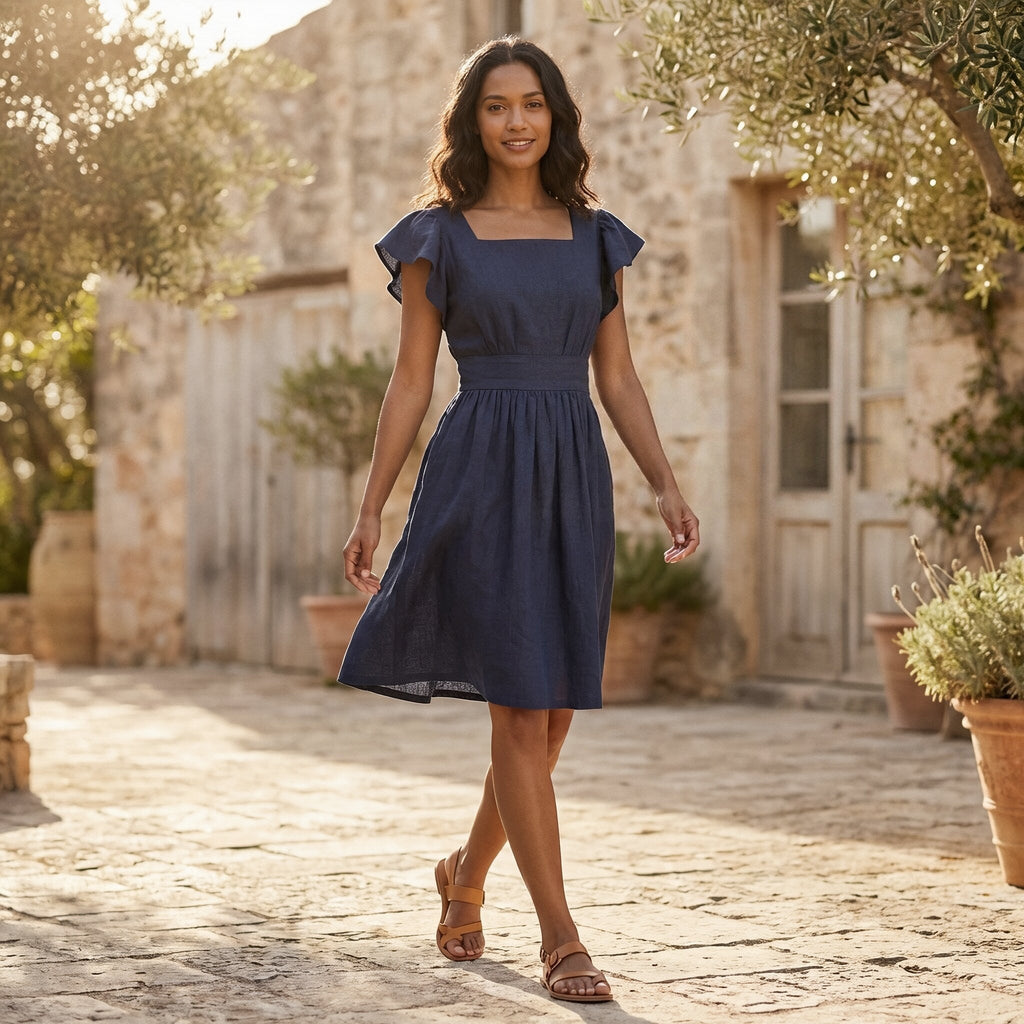 Navy Blue Cotton Linen Open-Back Fit and Flare Knee Length Dress