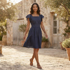 Navy Blue Cotton Linen Open-Back Fit and Flare Knee Length Dress