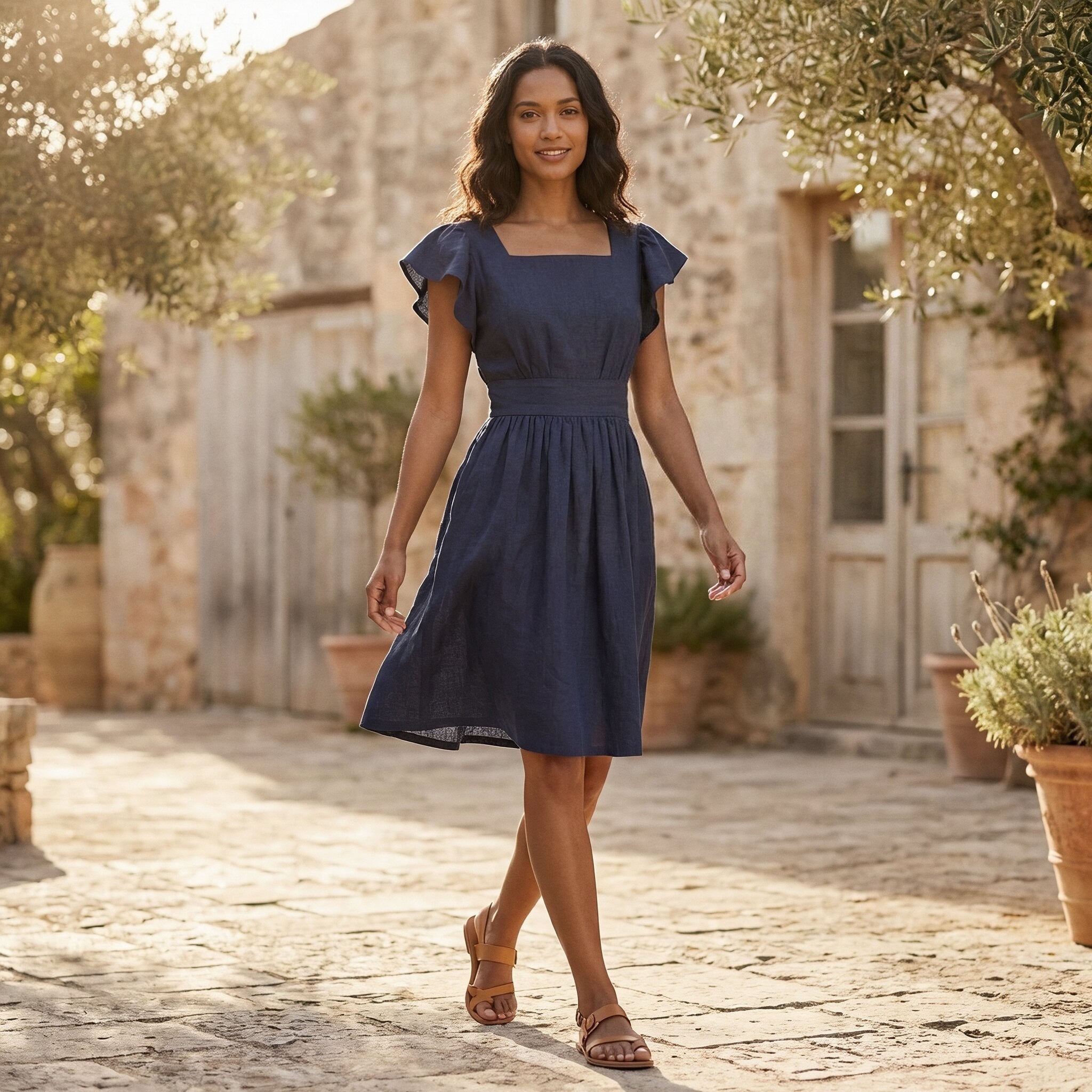 Navy Blue Cotton Linen Open-Back Fit and Flare Knee Length Dress