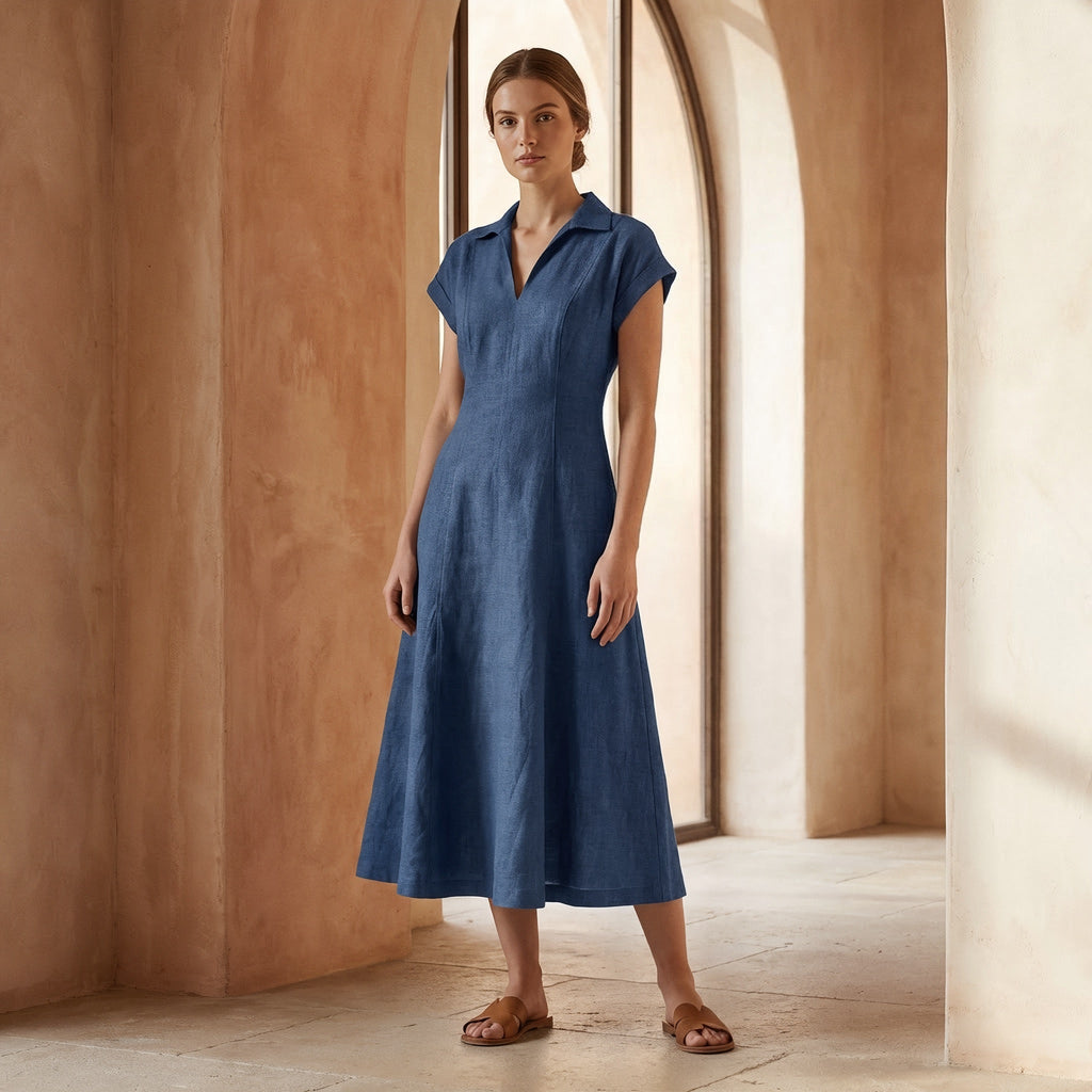 Navy Blue Cotton Linen Paneled A-Line Midi Dress