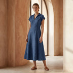 Navy Blue Cotton Linen Paneled A-Line Midi Dress