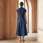 Navy Blue Cotton Linen Paneled A-Line Midi Dress