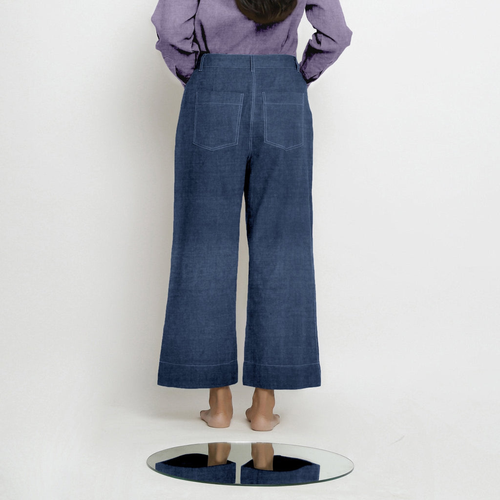Navy Blue Cotton Linen Patch Pocket Wide Legged Pant
