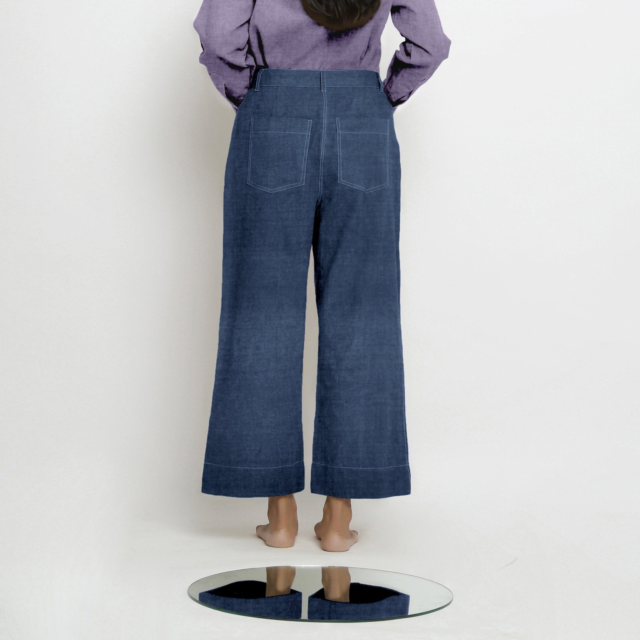 Navy Blue Cotton Linen Patch Pocket Wide Legged Pant