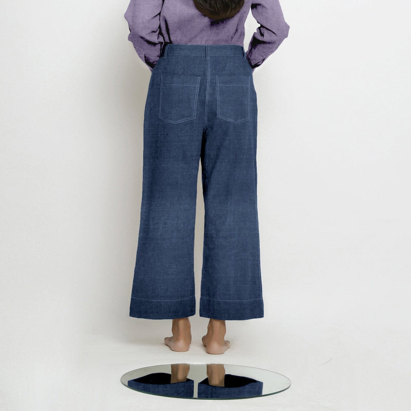 Navy Blue Cotton Linen Patch Pocket Wide Legged Pant