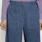 Navy Blue Cotton Linen Patch Pocket Wide Legged Pant