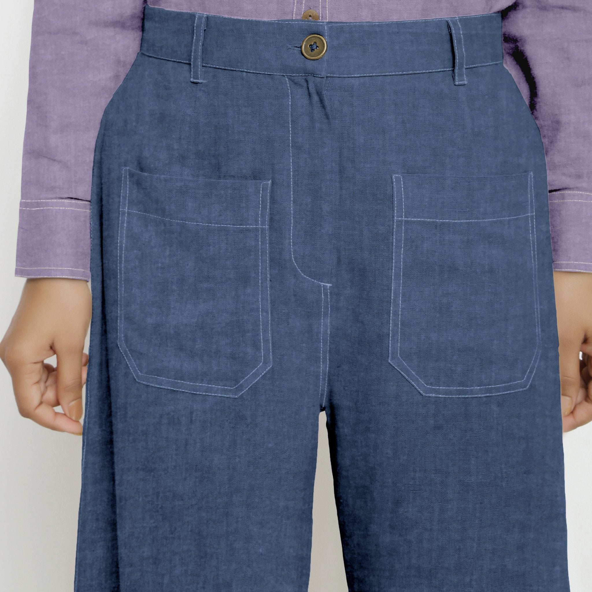 Navy Blue Cotton Linen Patch Pocket Wide Legged Pant