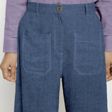 Navy Blue Cotton Linen Patch Pocket Wide Legged Pant