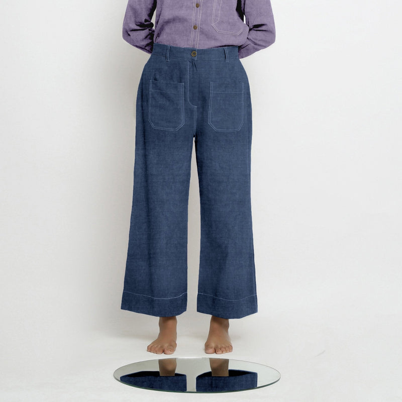 Navy Blue Cotton Linen Patch Pocket Wide Legged Pant
