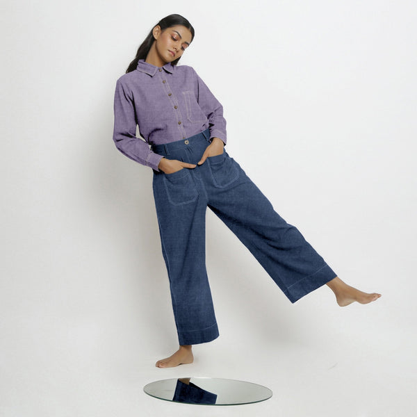 Navy Blue Cotton Linen Patch Pocket Wide Legged Pant