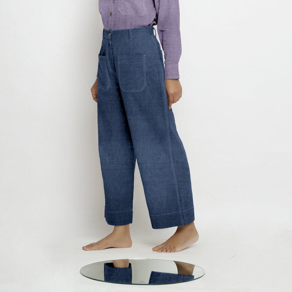 Navy Blue Cotton Linen Patch Pocket Wide Legged Pant