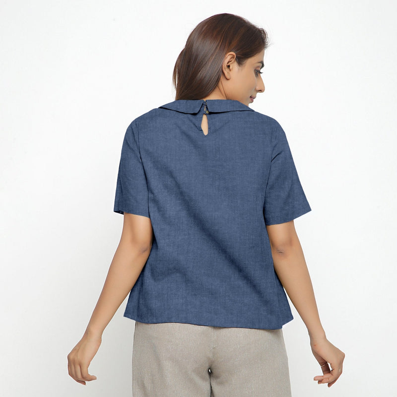 Navy Blue Cotton Linen Peter Pan Collar Half Sleeve Top