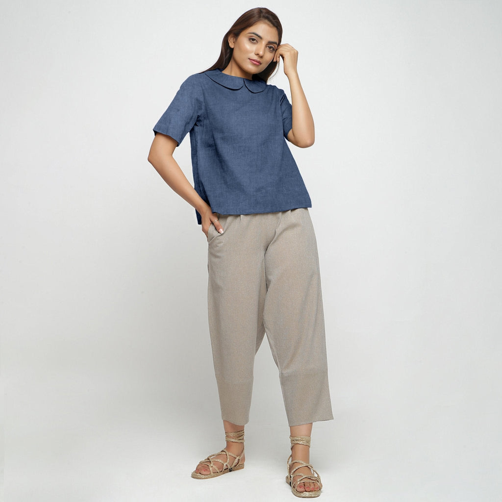 Navy Blue Cotton Linen Peter Pan Collar Half Sleeve Top