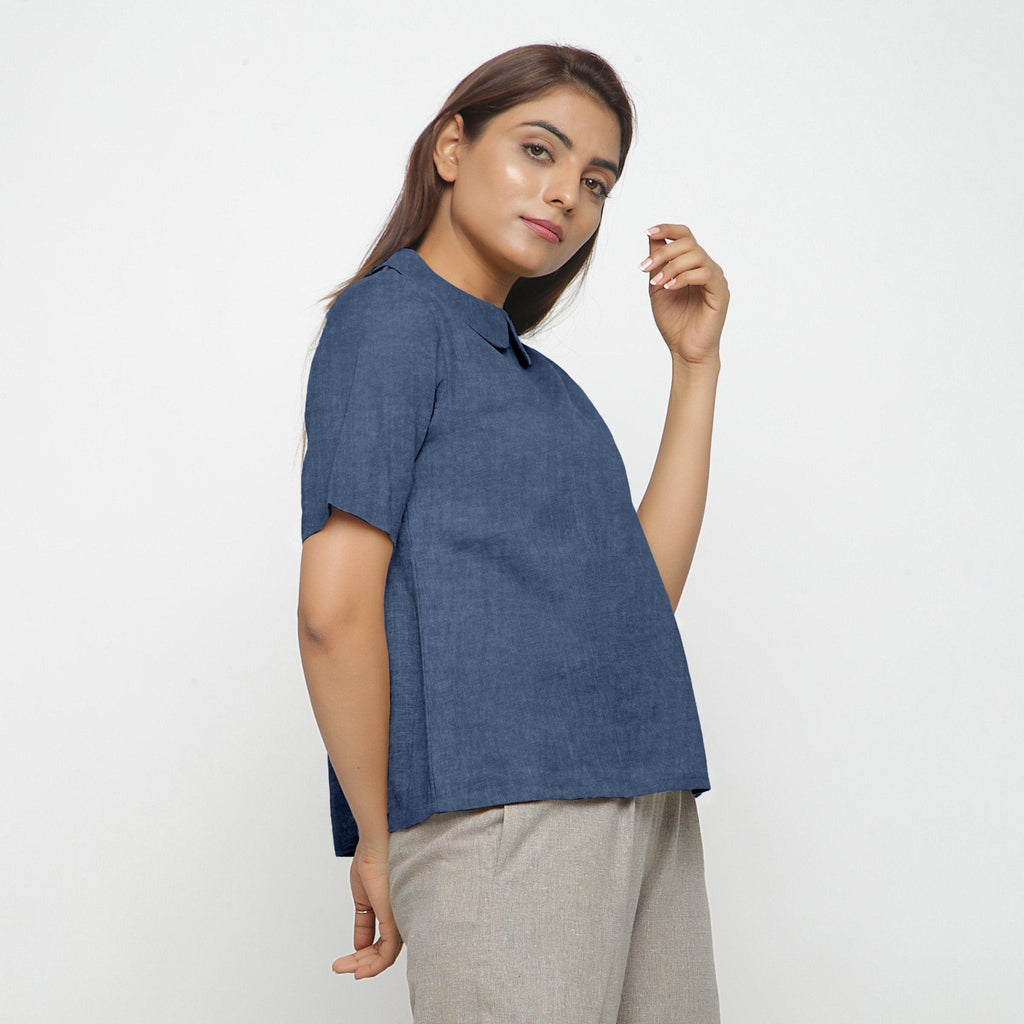 Navy Blue Cotton Linen Peter Pan Collar Half Sleeve Top