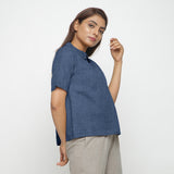 Navy Blue Cotton Linen Peter Pan Collar Half Sleeve Top