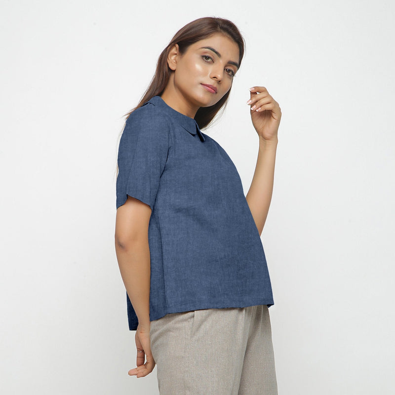 Navy Blue Cotton Linen Peter Pan Collar Half Sleeve Top