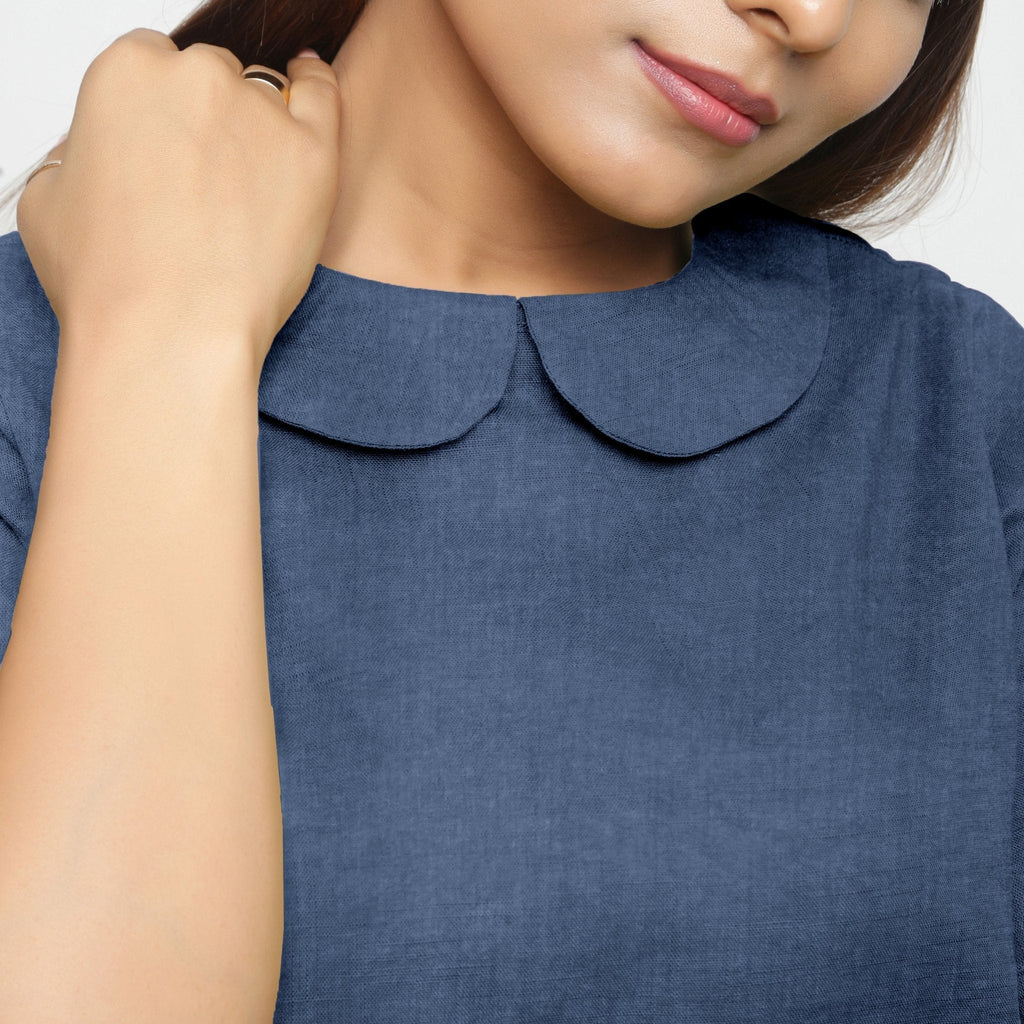 Navy Blue Cotton Linen Peter Pan Collar Half Sleeve Top
