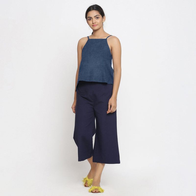 Navy Blue Cotton Linen Relaxed Fit Spaghetti Top