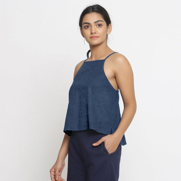 Navy Blue Cotton Linen Relaxed Fit Spaghetti Top