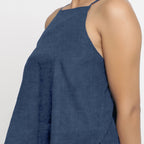 Navy Blue Cotton Linen Relaxed Fit Spaghetti Top