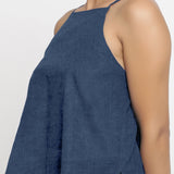 Navy Blue Cotton Linen Relaxed Fit Spaghetti Top