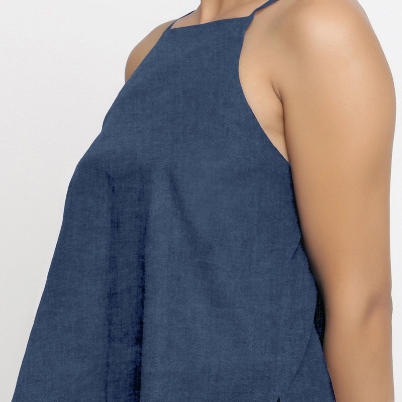 Navy Blue Cotton Linen Relaxed Fit Spaghetti Top