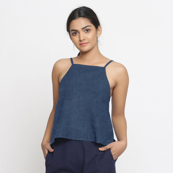 Navy Blue Cotton Linen Relaxed Fit Spaghetti Top