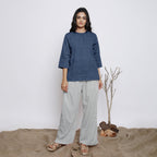 Navy Blue Cotton Linen Round Neck A-Line Top