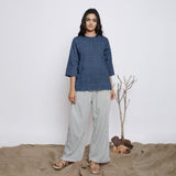Navy Blue Cotton Linen Round Neck A-Line Top