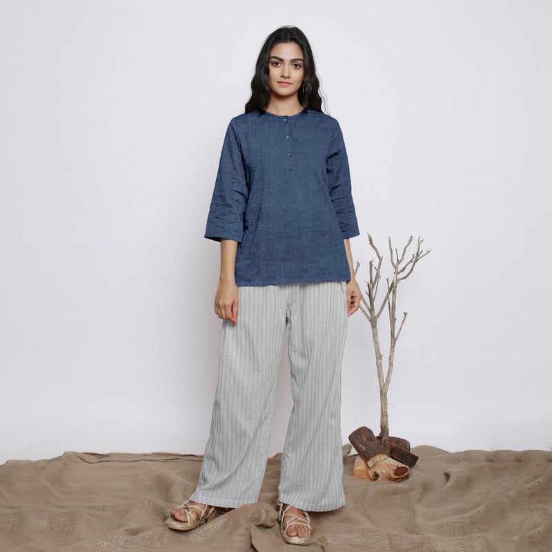 Navy Blue Cotton Linen Round Neck A-Line Top
