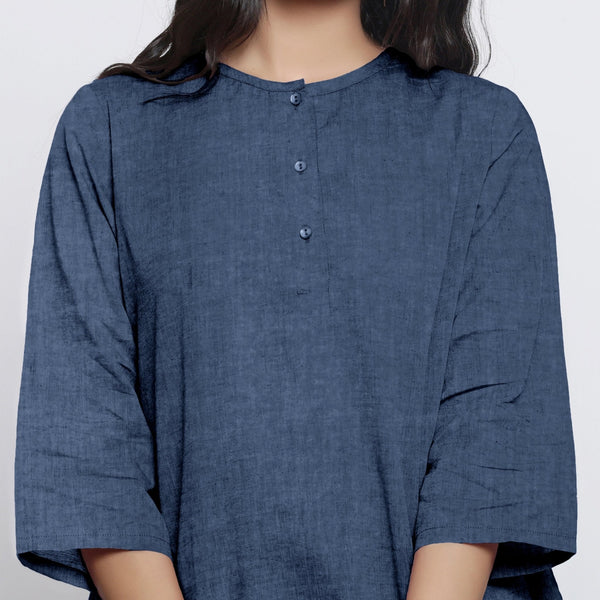 Navy Blue Cotton Linen Round Neck A-Line Top