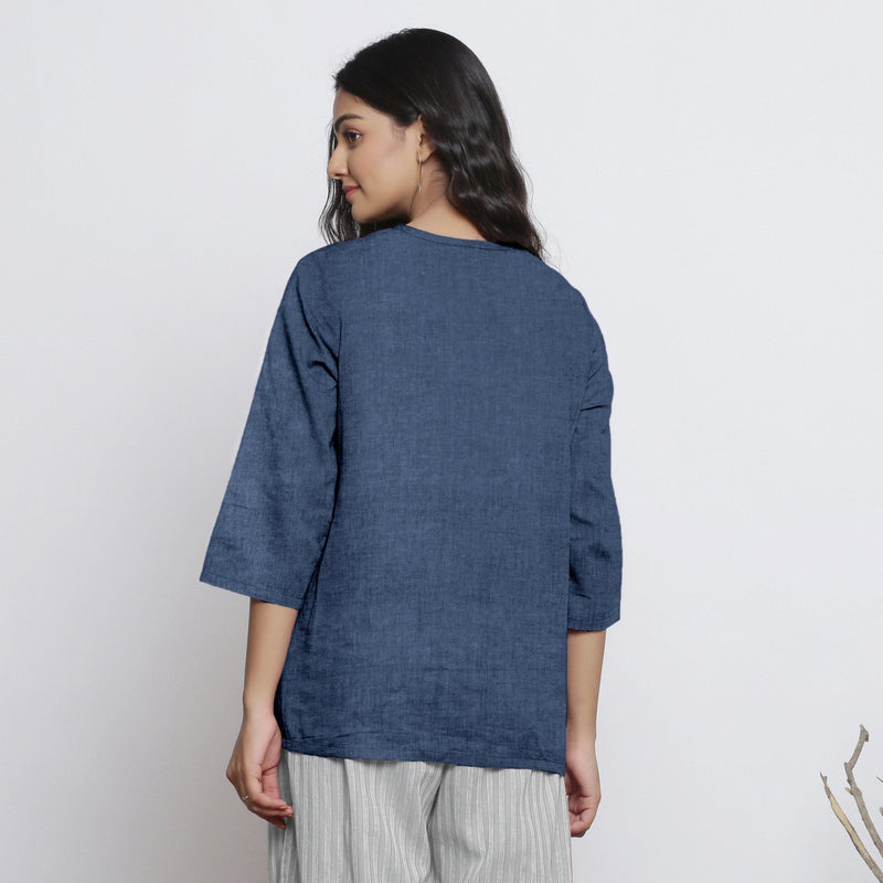 Navy Blue Cotton Linen Round Neck A-Line Top