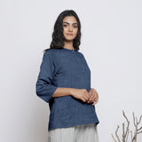 Navy Blue Cotton Linen Round Neck A-Line Top
