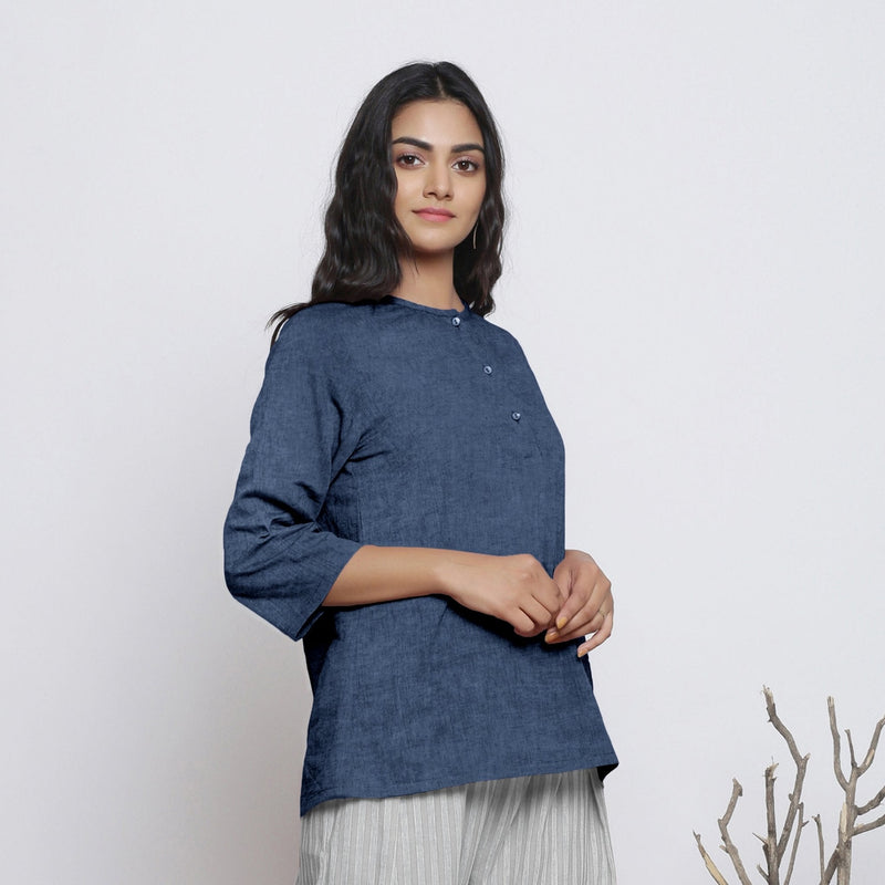 Navy Blue Cotton Linen Round Neck A-Line Top
