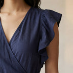 Navy Blue Cotton Linen Ruffle Midi Wrap Dress