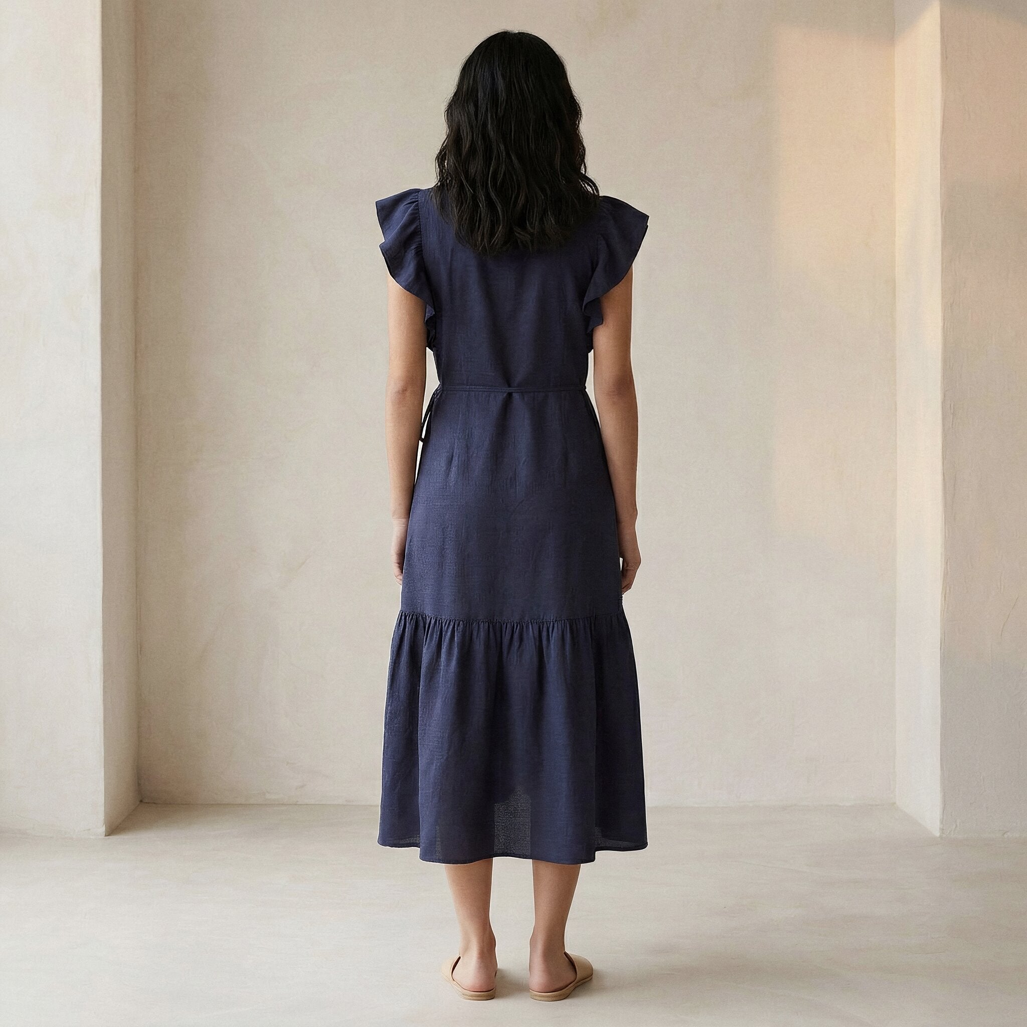 Navy Blue Cotton Linen Ruffle Midi Wrap Dress