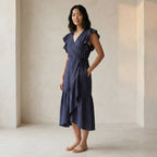 Navy Blue Cotton Linen Ruffle Midi Wrap Dress